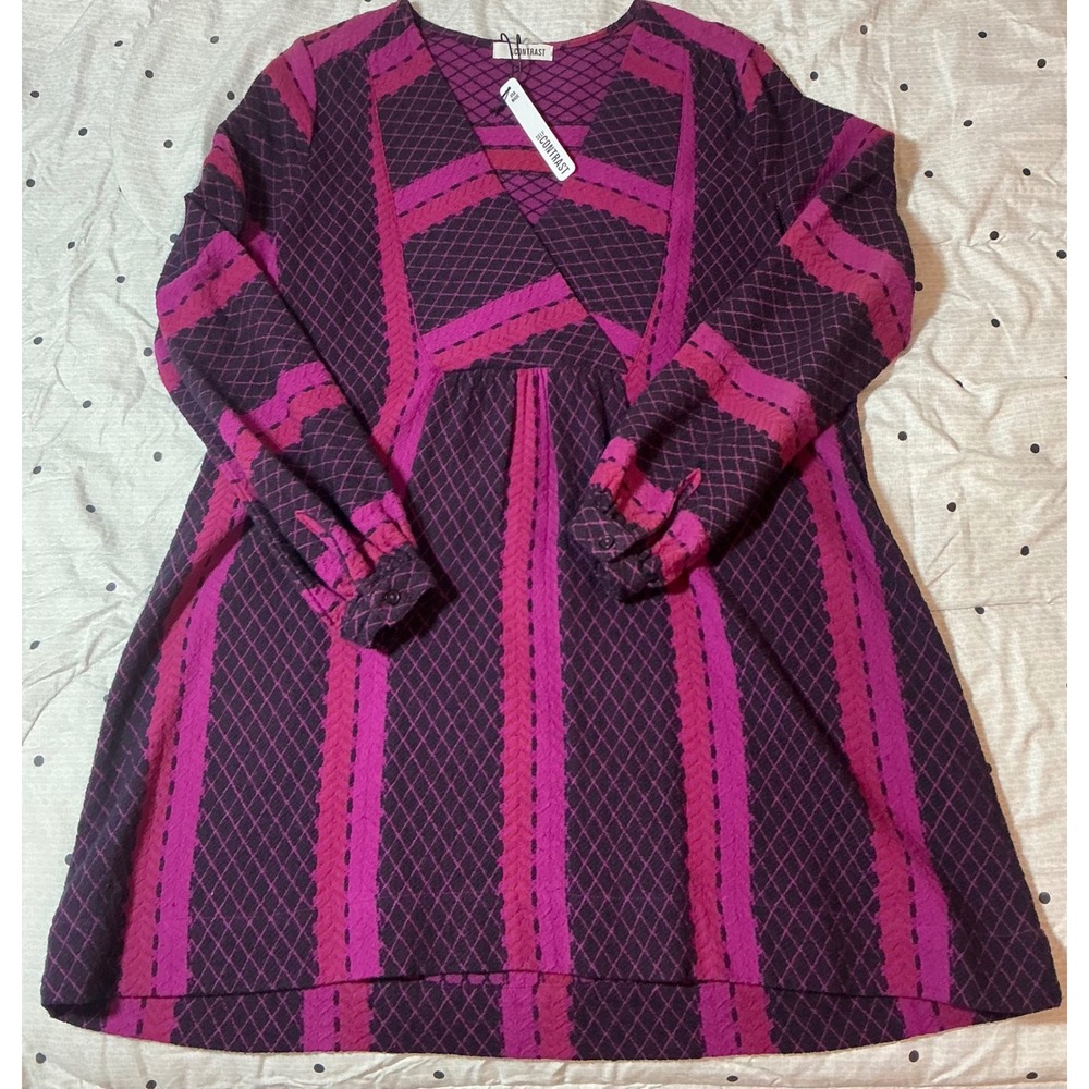 Self Contrast Nepal V-Neck Yoke Dress Violet Pink Geometric Diamond‎ SCD-6866NEP